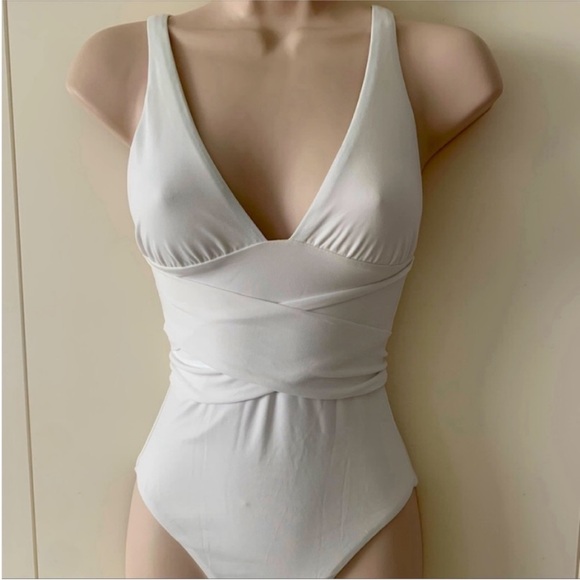 Melissa Odabash White One Piece V Neck Swimsuit Wrap Tie Waist 40 US